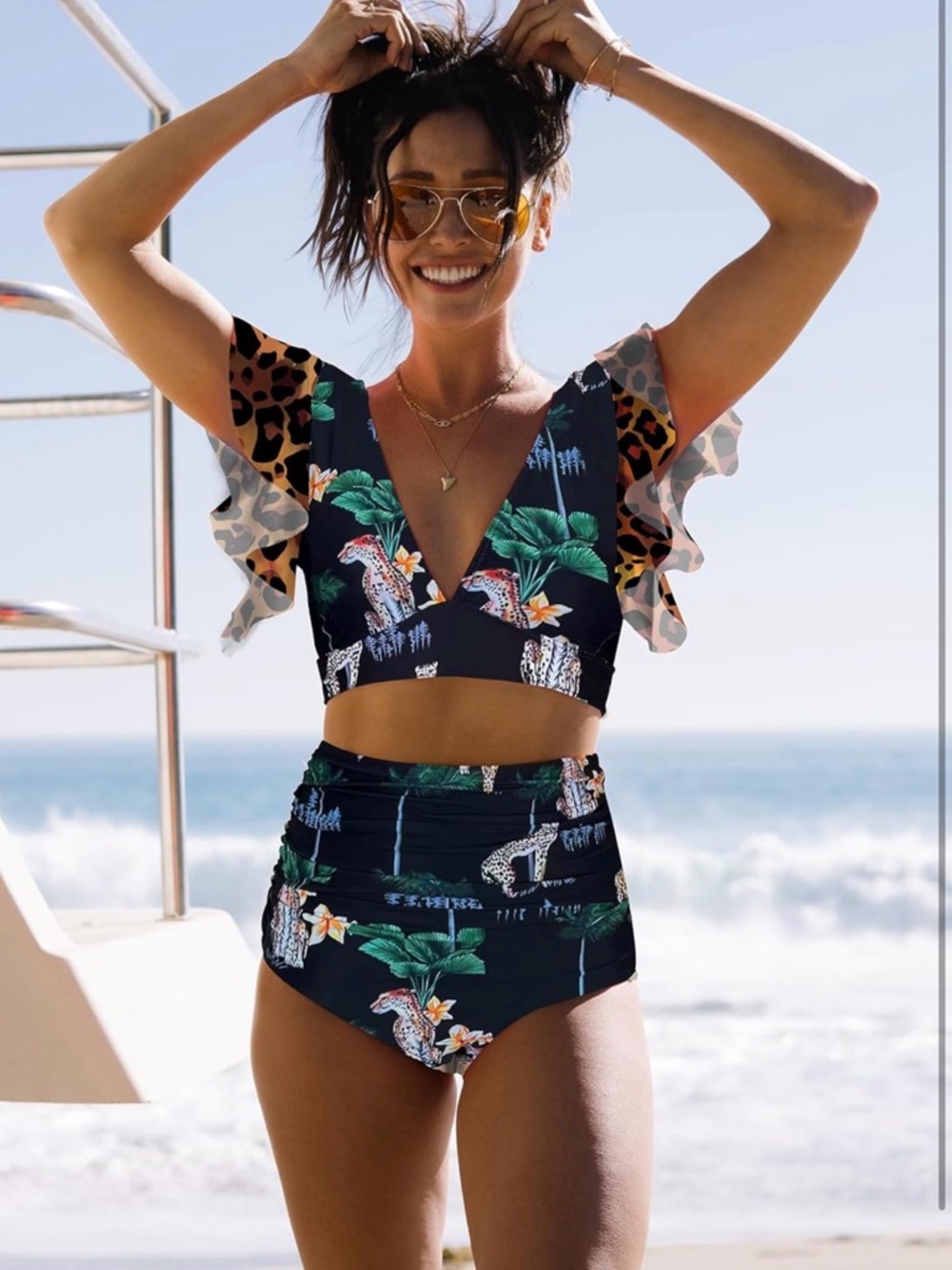 Tropical Leopard Print Bikini Top NWT XL